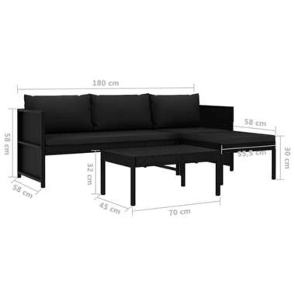 VidaXL 3-delige Loungeset Met Kussens Poly Rattan Zwart 2 VidaXL 3-delige Loungeset Met Kussens Poly Rattan Zwart - Afbeelding 2